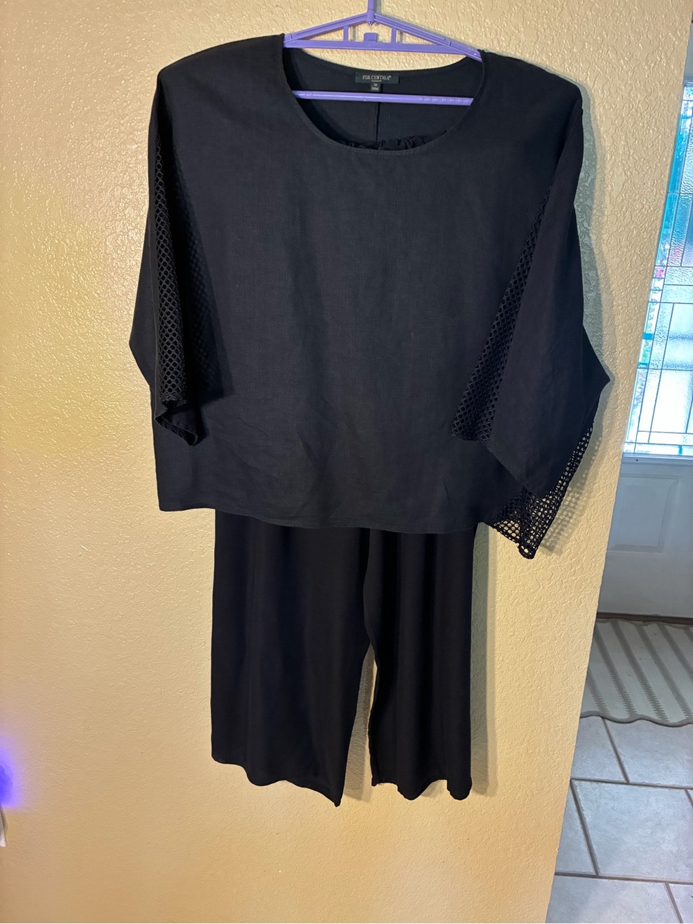 Eileen Fisher Black Two-Piece Wide-Leg Pantsuit with Mesh Sleeve Insets